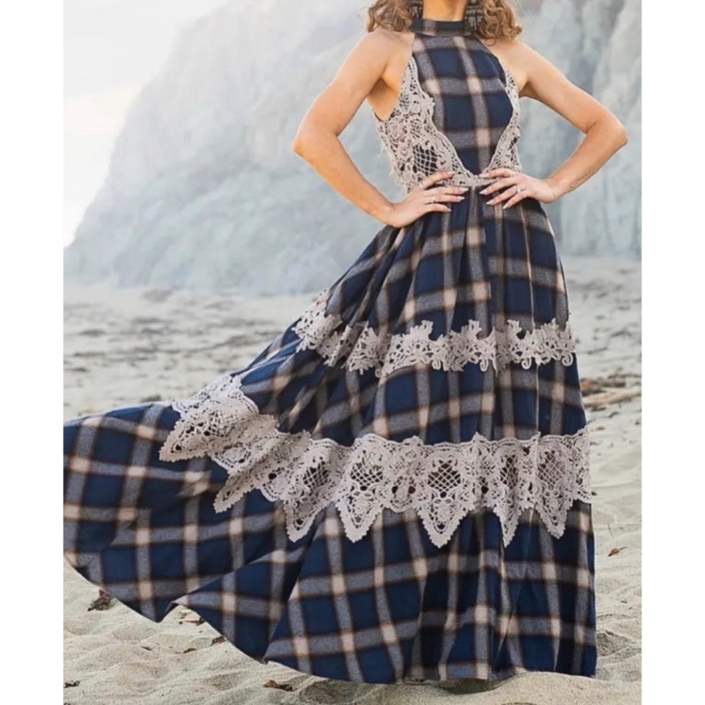 Joyfolie Full Circle Maxi Alondra Dress in Navy Plaid